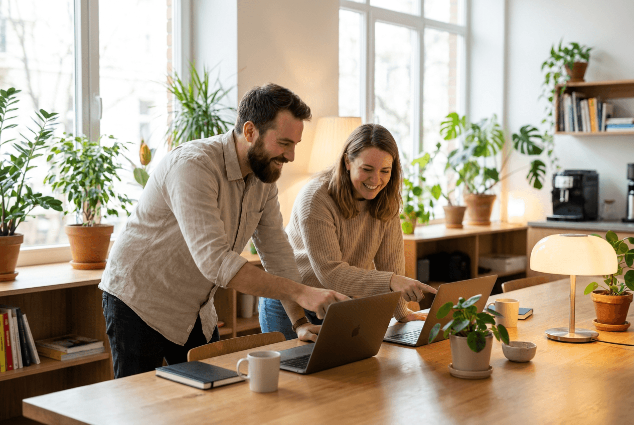 Two small business co-owners trying out new software on laptops at a shared table.