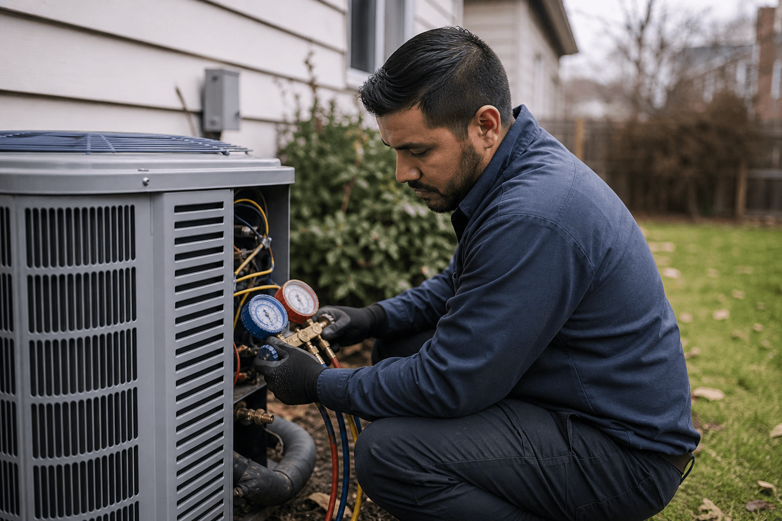 HVAC technician servicing an outdoor unit beside a home