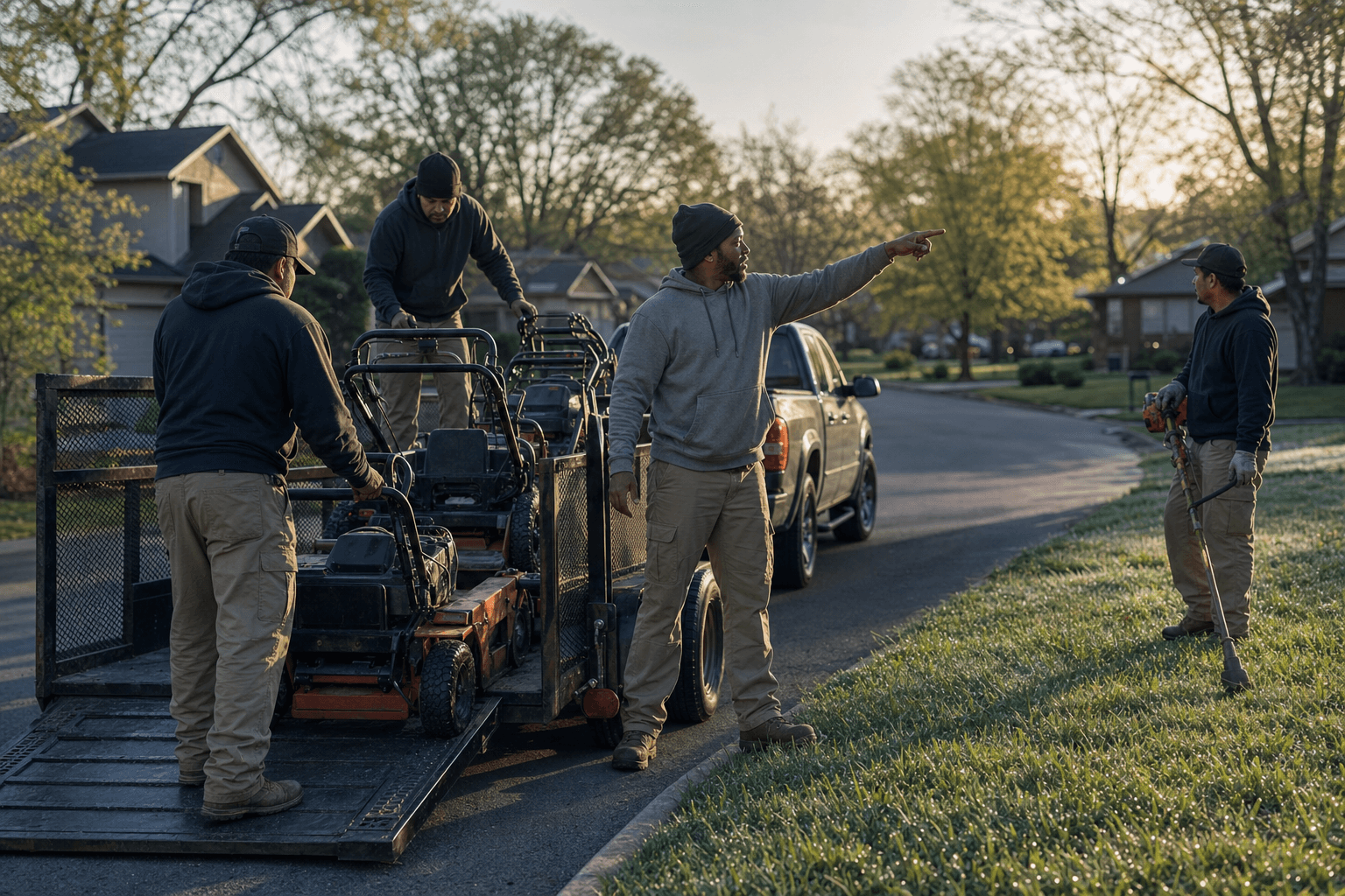 Landscaping crew loading equipment onto a trailer at dawn