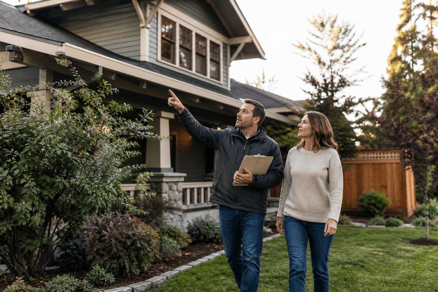 Roofer walking a homeowner through an inspection outside her house