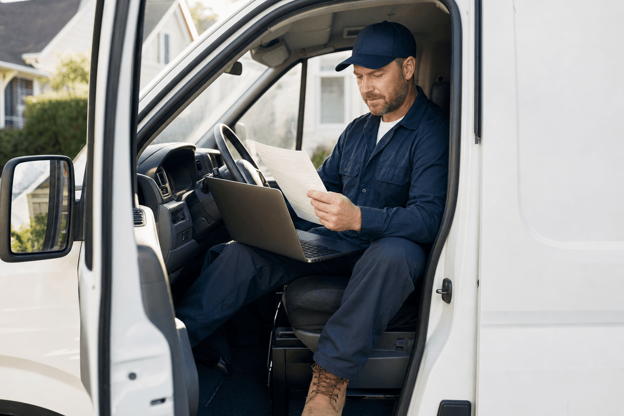 A small business owner reviews a laptop and notepad at a desk in a service van, checking job schedules and ad performance notes.