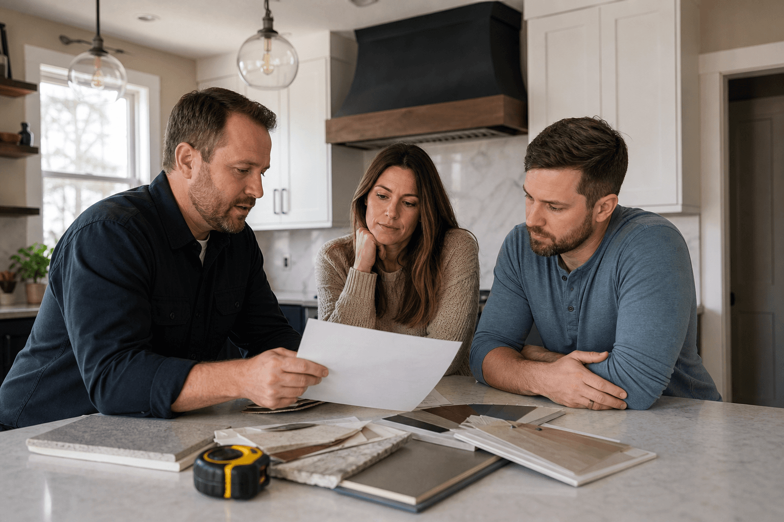 Remodeler reviewing a quote with homeowners at their kitchen island