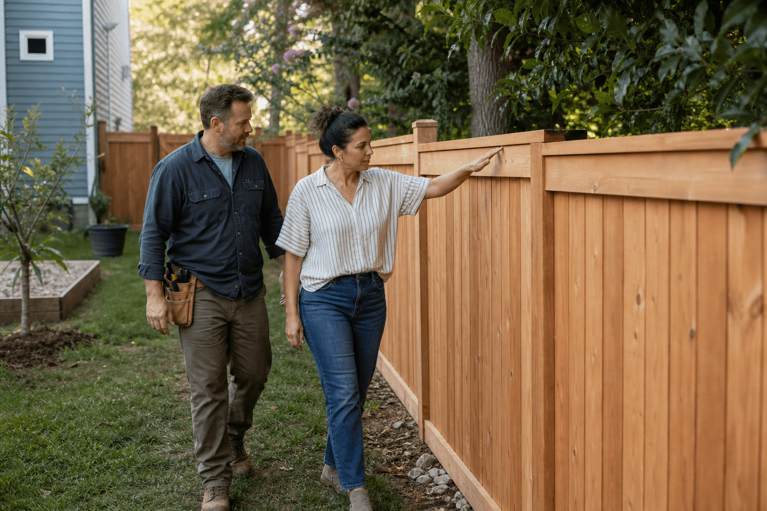 Contractor walking a finished fence line with his client