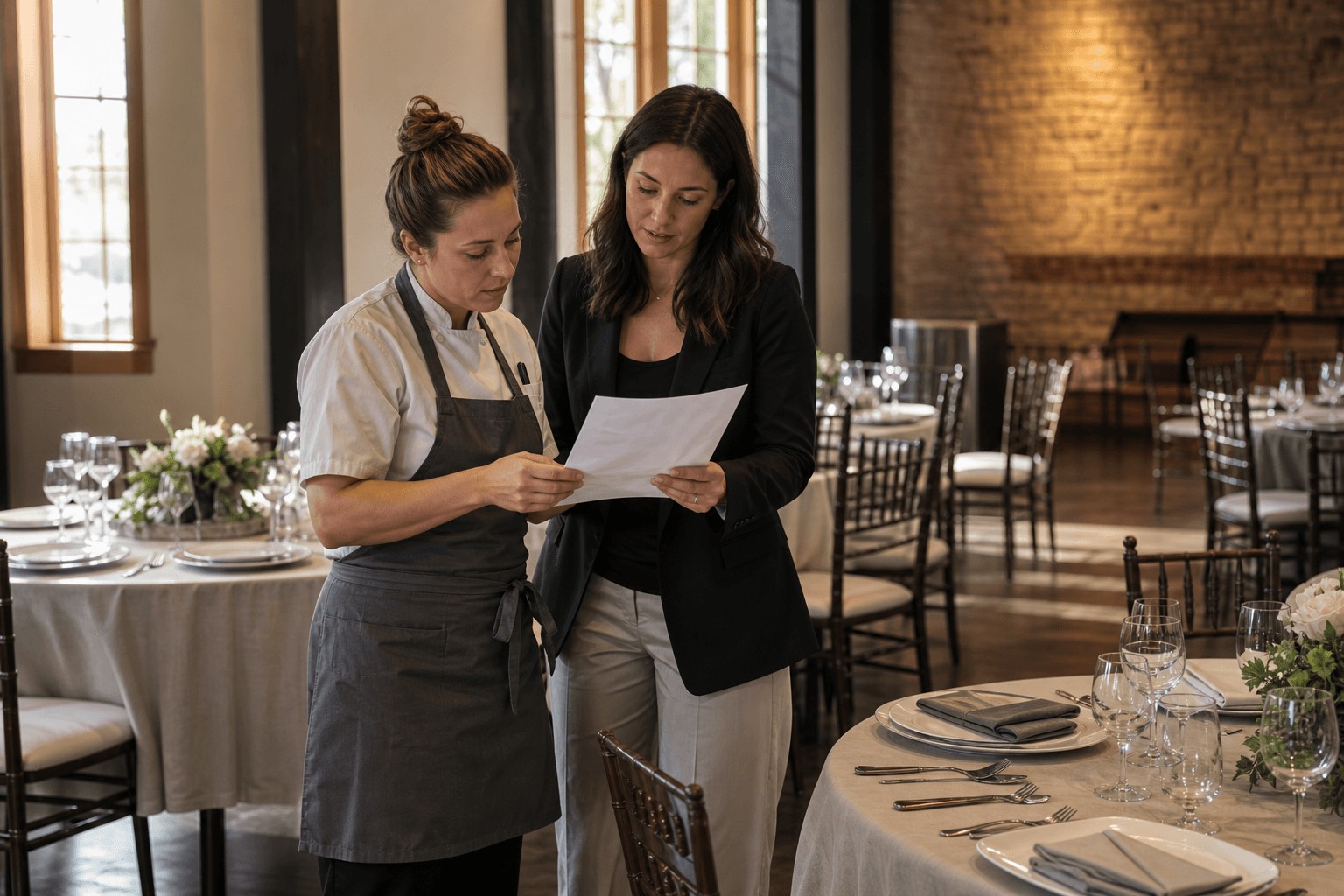 Caterer reviewing an event plan with a venue coordinator