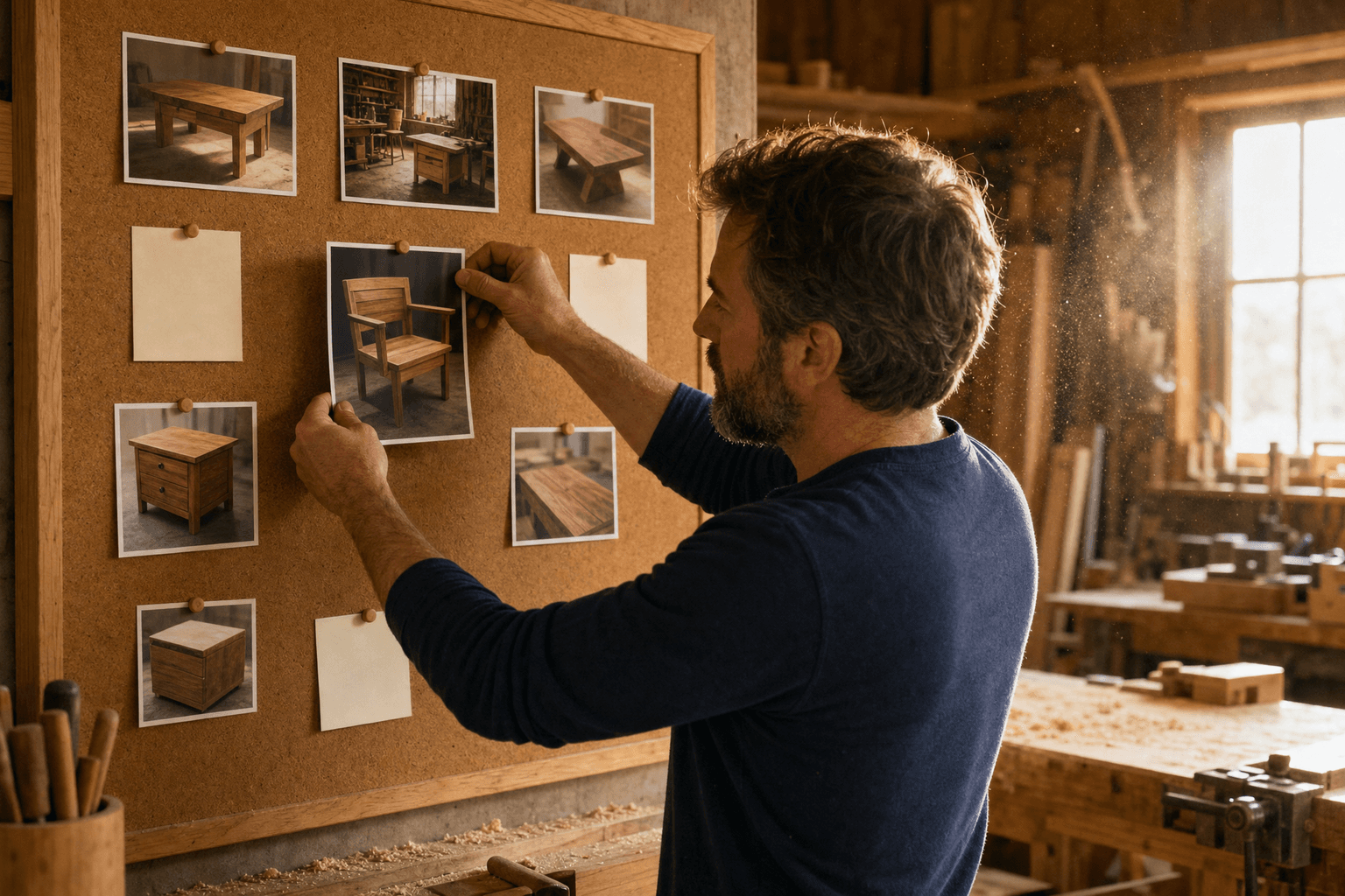 Woodshop owner pinning notes and photos to a planning board