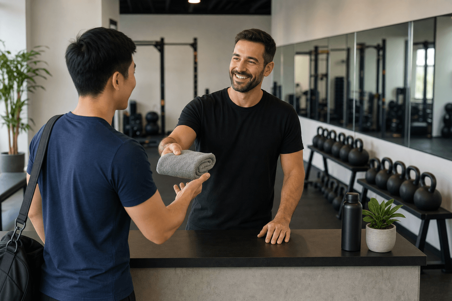 Gym owner welcoming a new member at the studio front desk