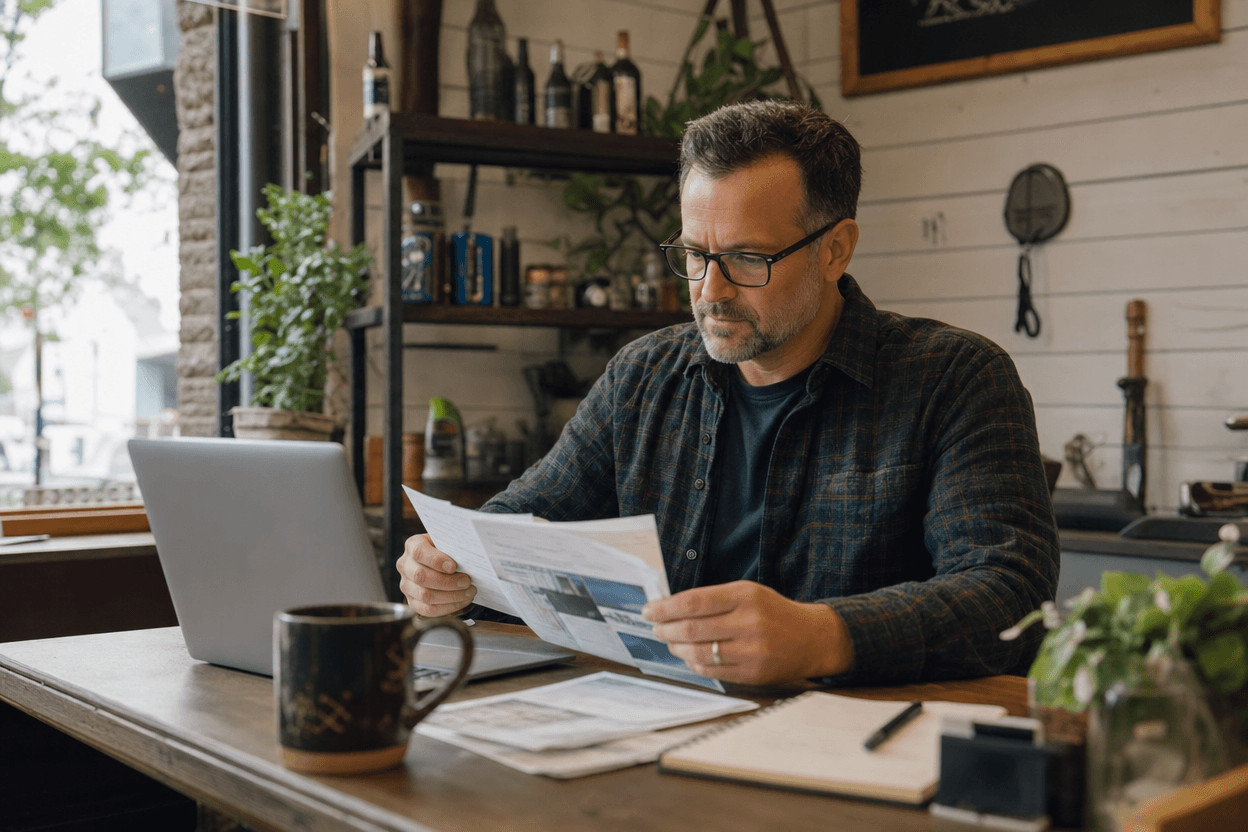 A small business owner reviewing printed directory listings and review pages spread across a desk in a modest office.