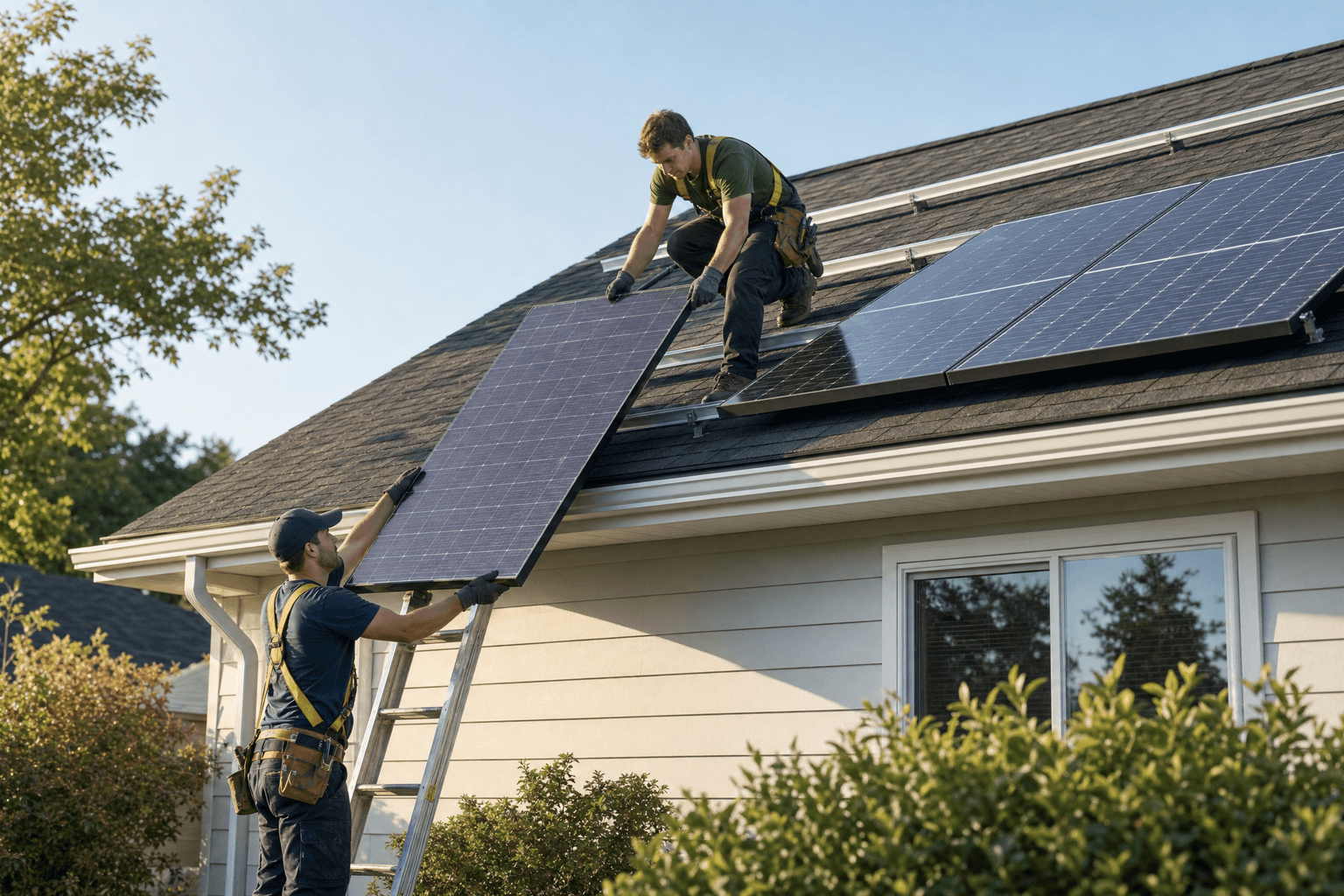 Solar installers mounting panels on a home rooftop in morning light