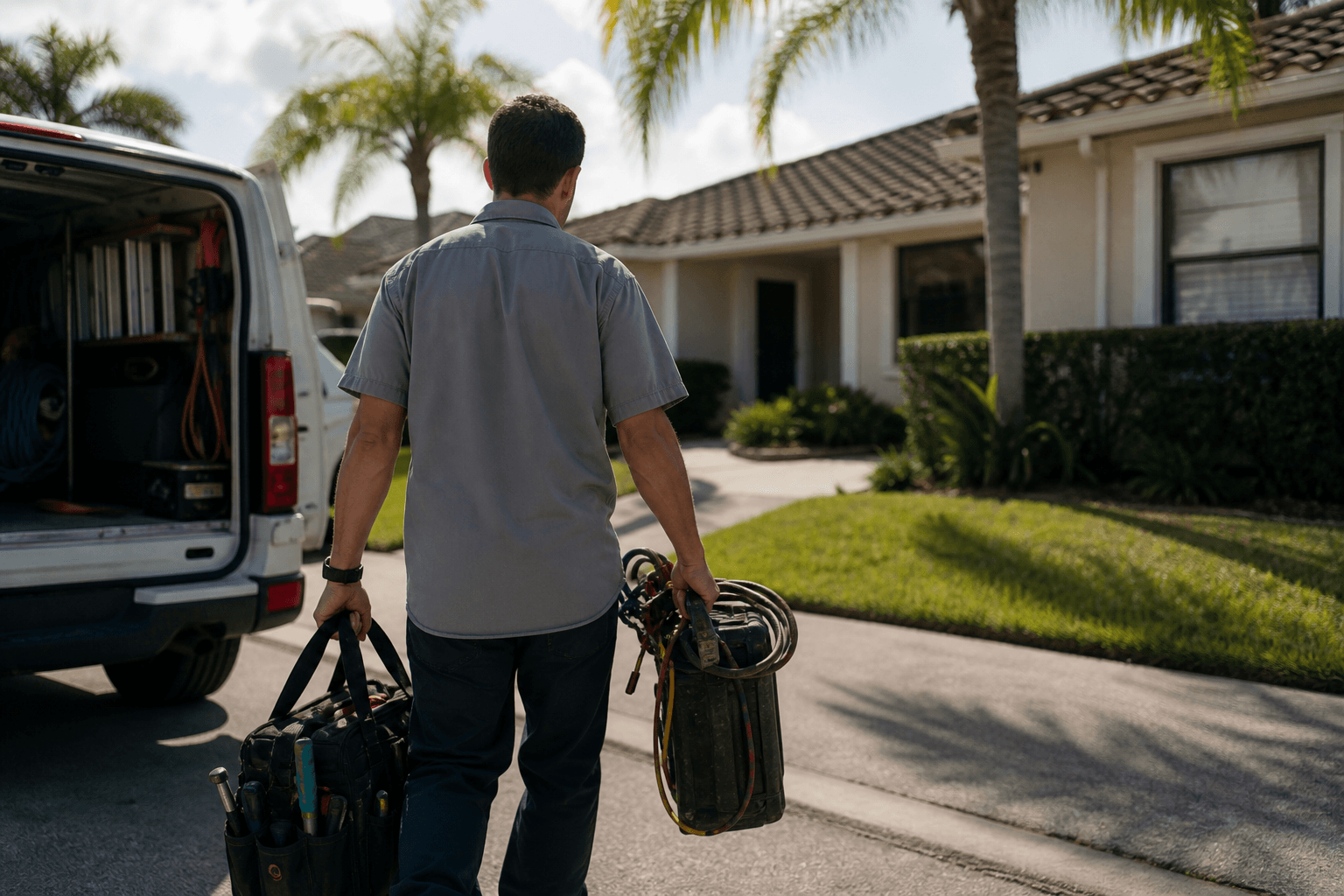 An HVAC technician carries equipment from a service van toward a Florida home lined with palm trees.