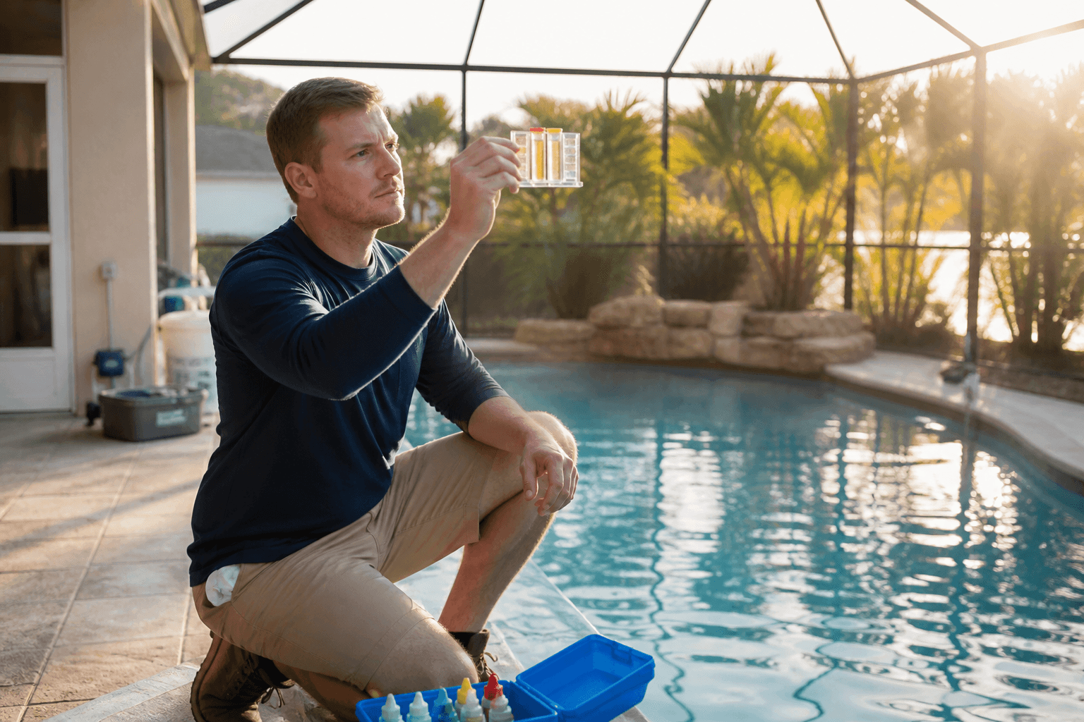 A pool service technician tests water at the edge of a screened backyard pool at a Florida home.