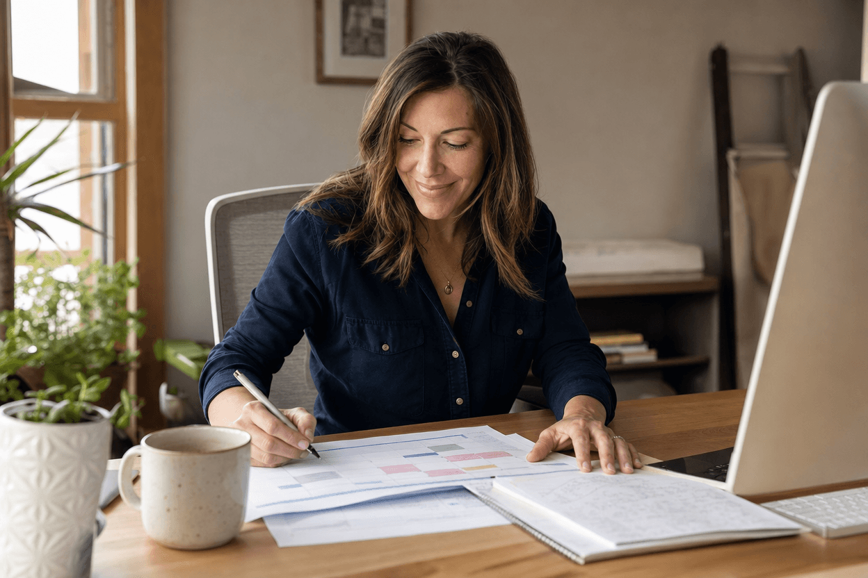 A small business owner sits at a cluttered desk reviewing a printed content calendar and notes, sunlight coming through an office window.
