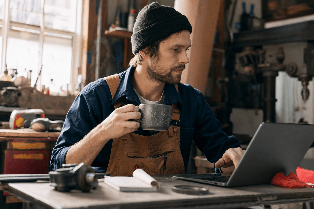 A small business owner reviewing ad campaign performance on a laptop inside a home service workshop.