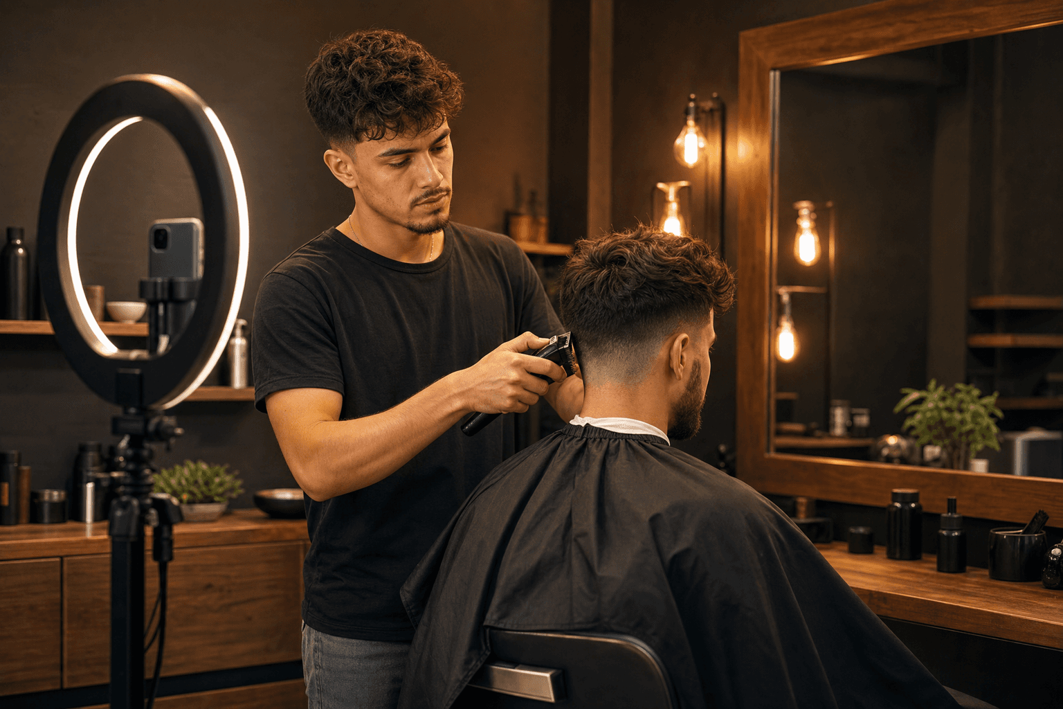 Barber filming a haircut on a ring-light phone rig in his shop