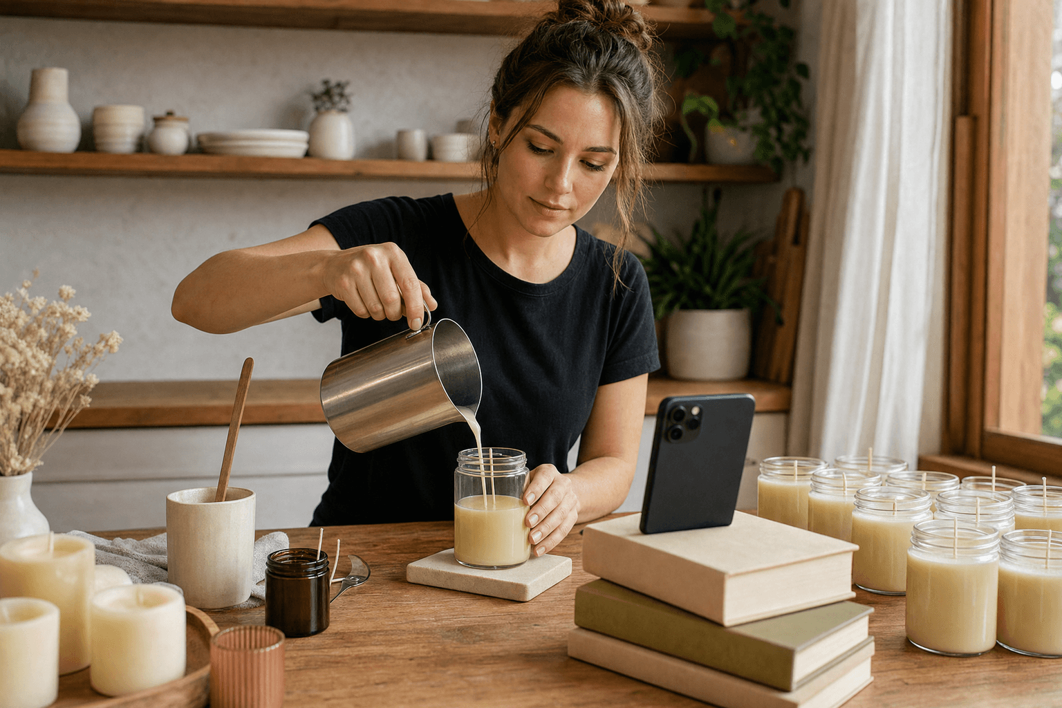 Candle maker filming herself pouring wax at her worktable