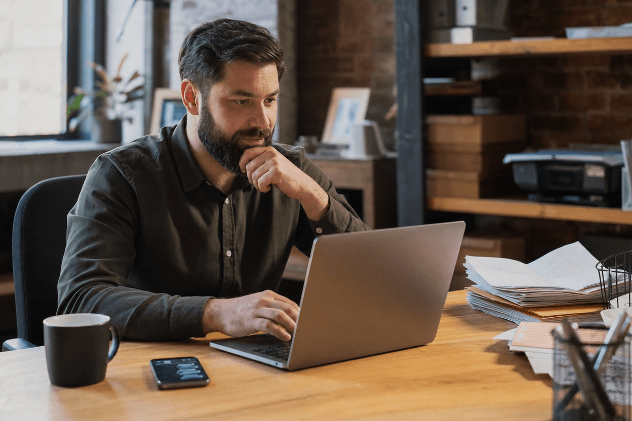 A small business owner sits at a desk reviewing workflow notes on a laptop while a phone lights up with notifications beside a stack of invoices.