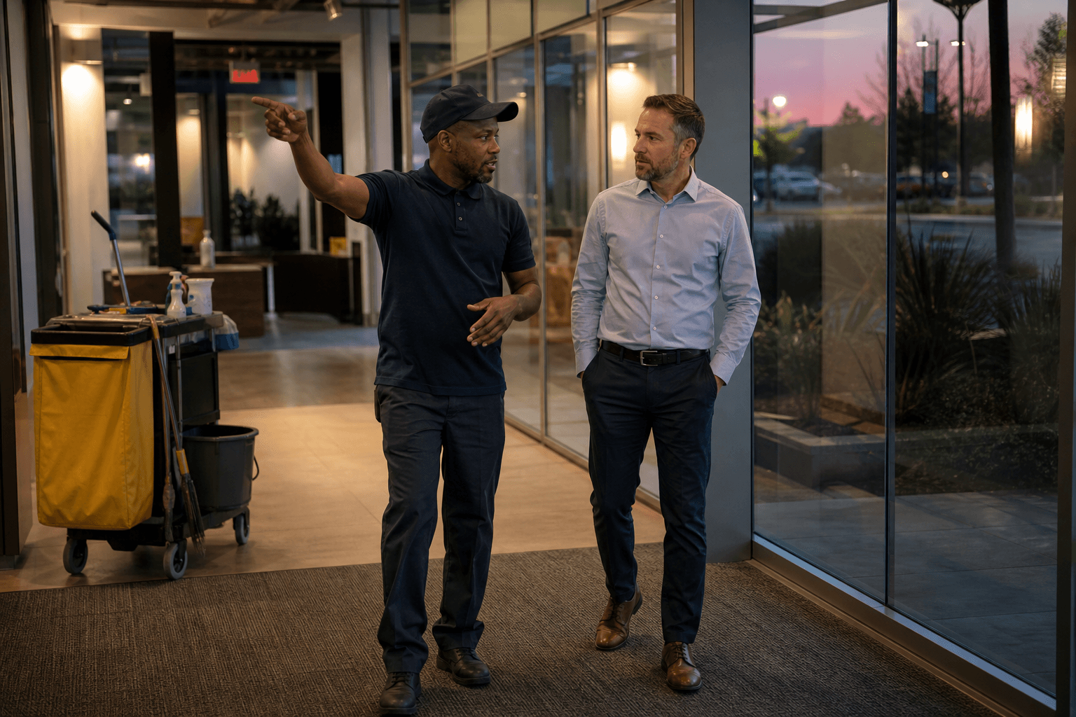 Cleaning supervisor walking a building manager through an office lobby