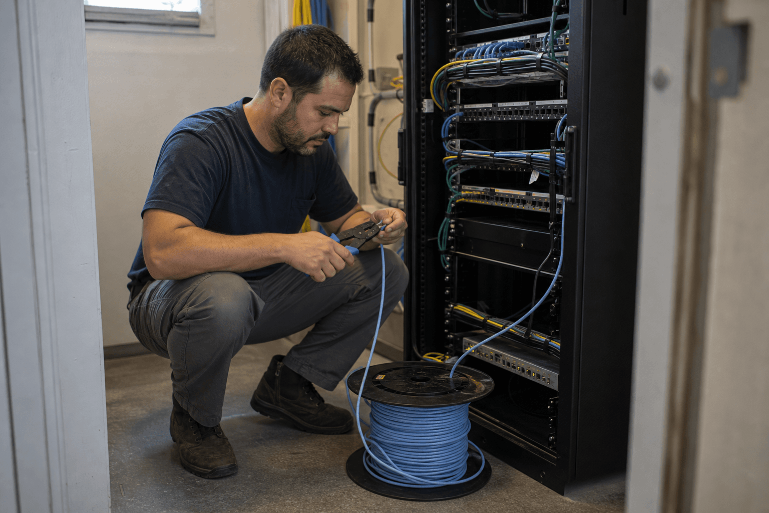 Field technician wiring a small office server rack