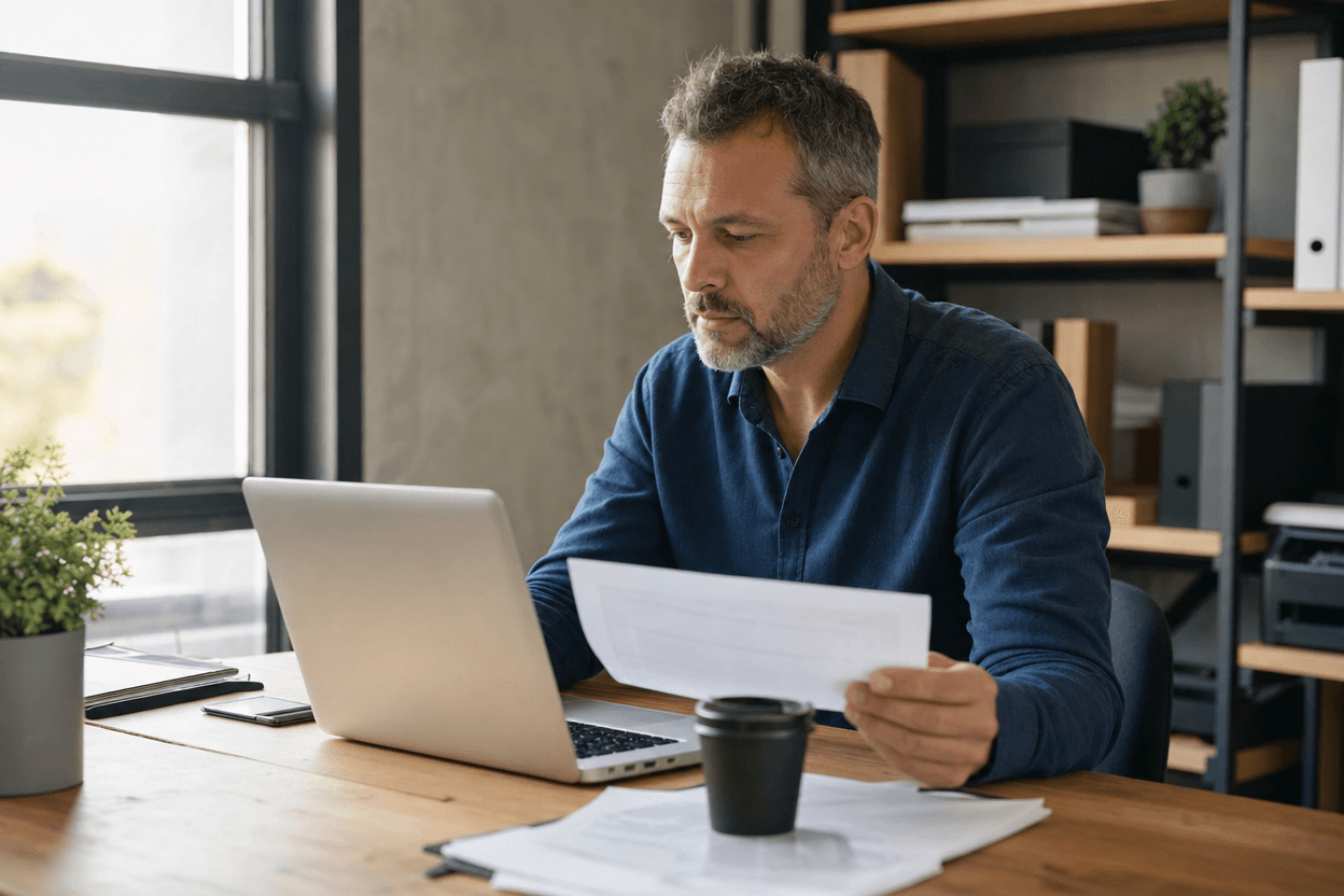 A small business owner reviews notes at a desk with a laptop and notepad in a bright office.