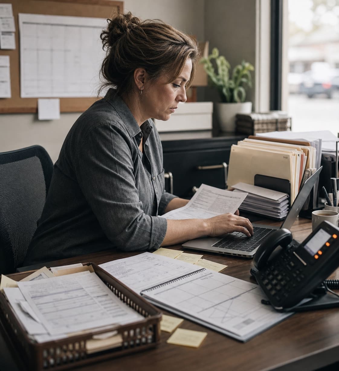 A small business operator re-entering paper records into a laptop at a crowded desk.